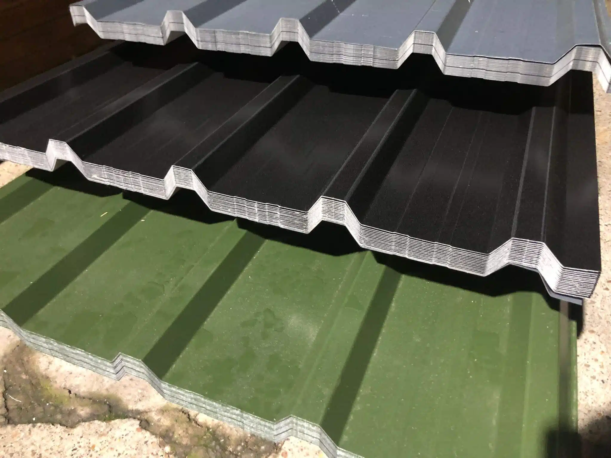 box profile roof sheets in grey, black and green